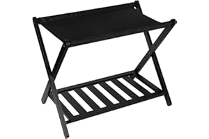 RAINHOL Assembled Luggage Rack for Guest Room 1 Pcs, Whole Cloth Suitcase Stand with Storage Shelf, Bamboo Foldable Luggage Stand for Bedroom Hotel | Heavy Duty, Black