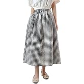 chouyatou Women's Casual Elastic Waist Plaid Skirt Gingham Swing Pleated Midi Long Skirt with Pockets