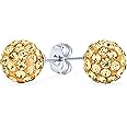 Elegant .925 Sterling Silver Round 8MM Glittering Pave Crystal Disco Ball Stud Earrings for Women Teens in Many Colors