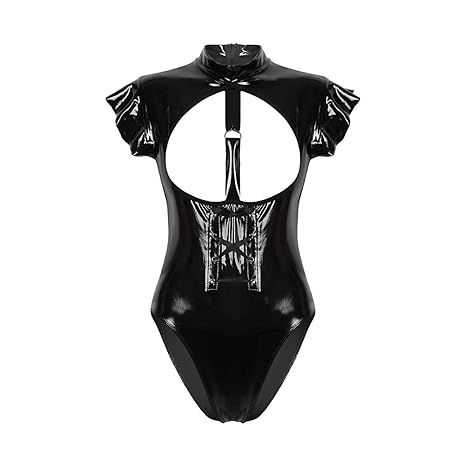dPois Damen Lackleder Bodysuit Wetlook Body Ouvert-Dessous Frauen Brustfrei Unterwäsche Stringbody Jumpsuit Reizwäsche Clubwe