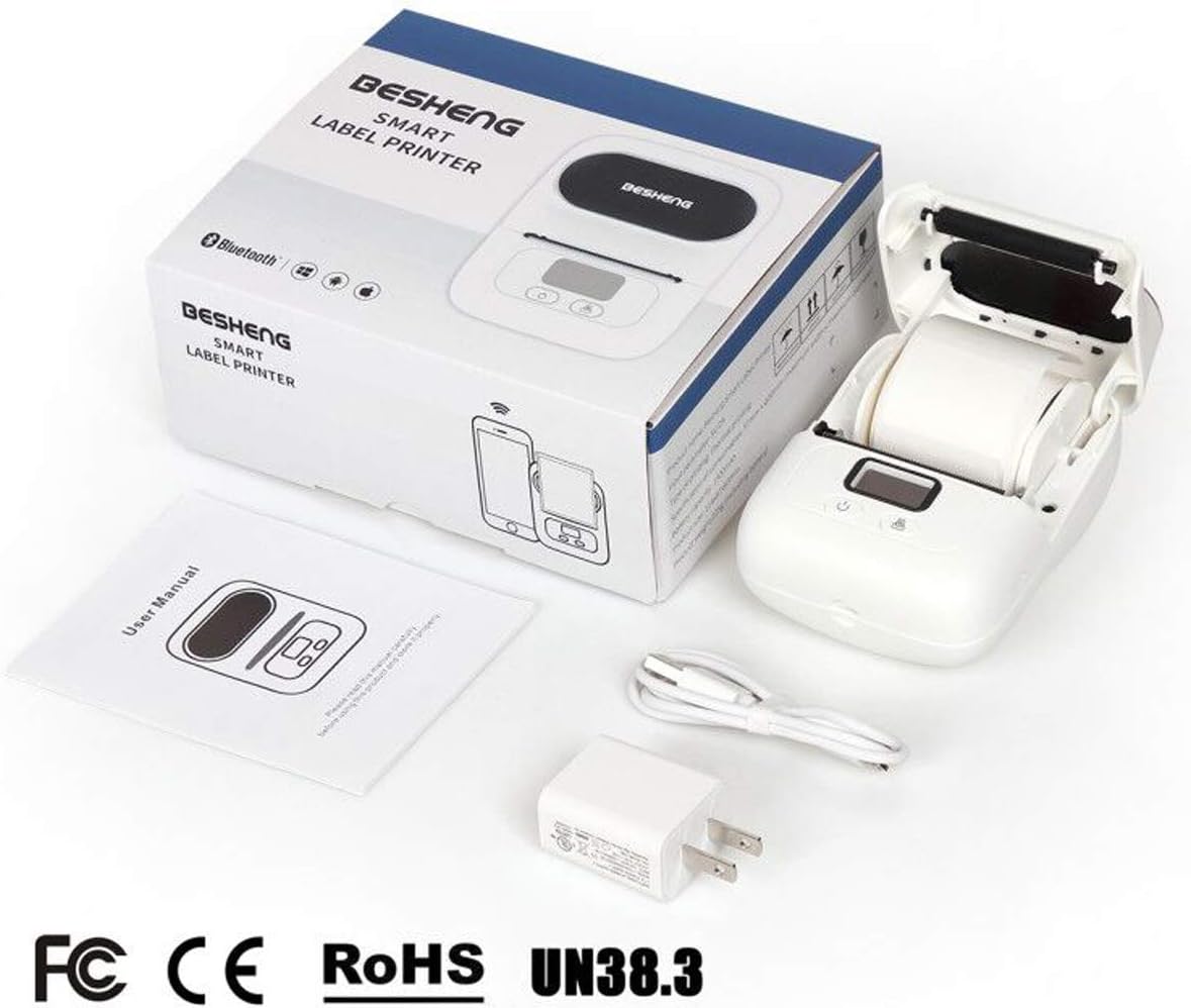 BESHENG Portable Handheld Bluetooth Lable Printer, Direct Thermal Label Printer, Lable Maker Machine for Barcode, Text, Excel, Picture etc, Compatible iOS & Android System (White) : Office Products