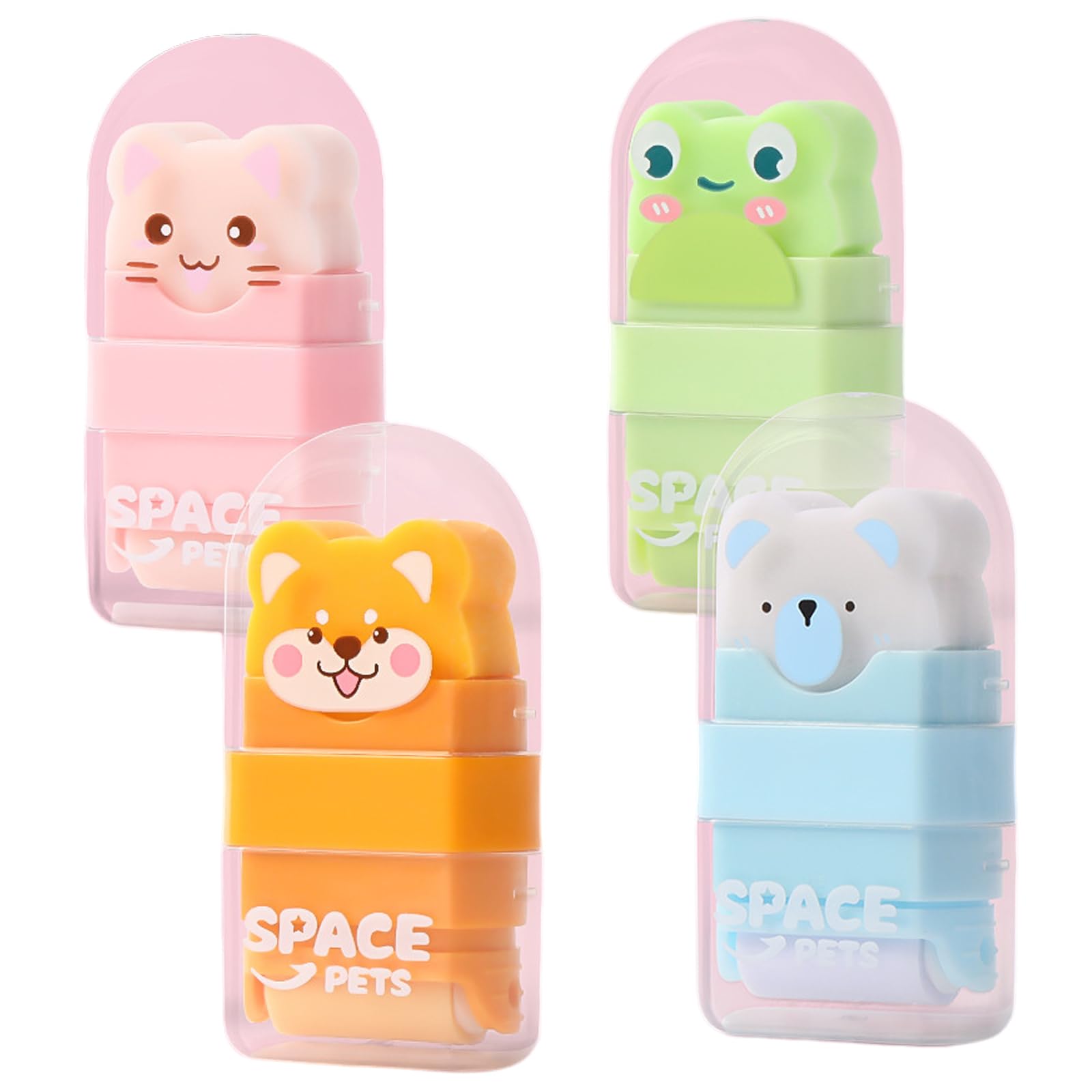 4 Pcs Cute Cartoon Animal Erasers for Kids Girls, Rubber Roller Eraser Kawaii Rubbers, Students Children's Eraser for School Writing Drawing Office Supplies