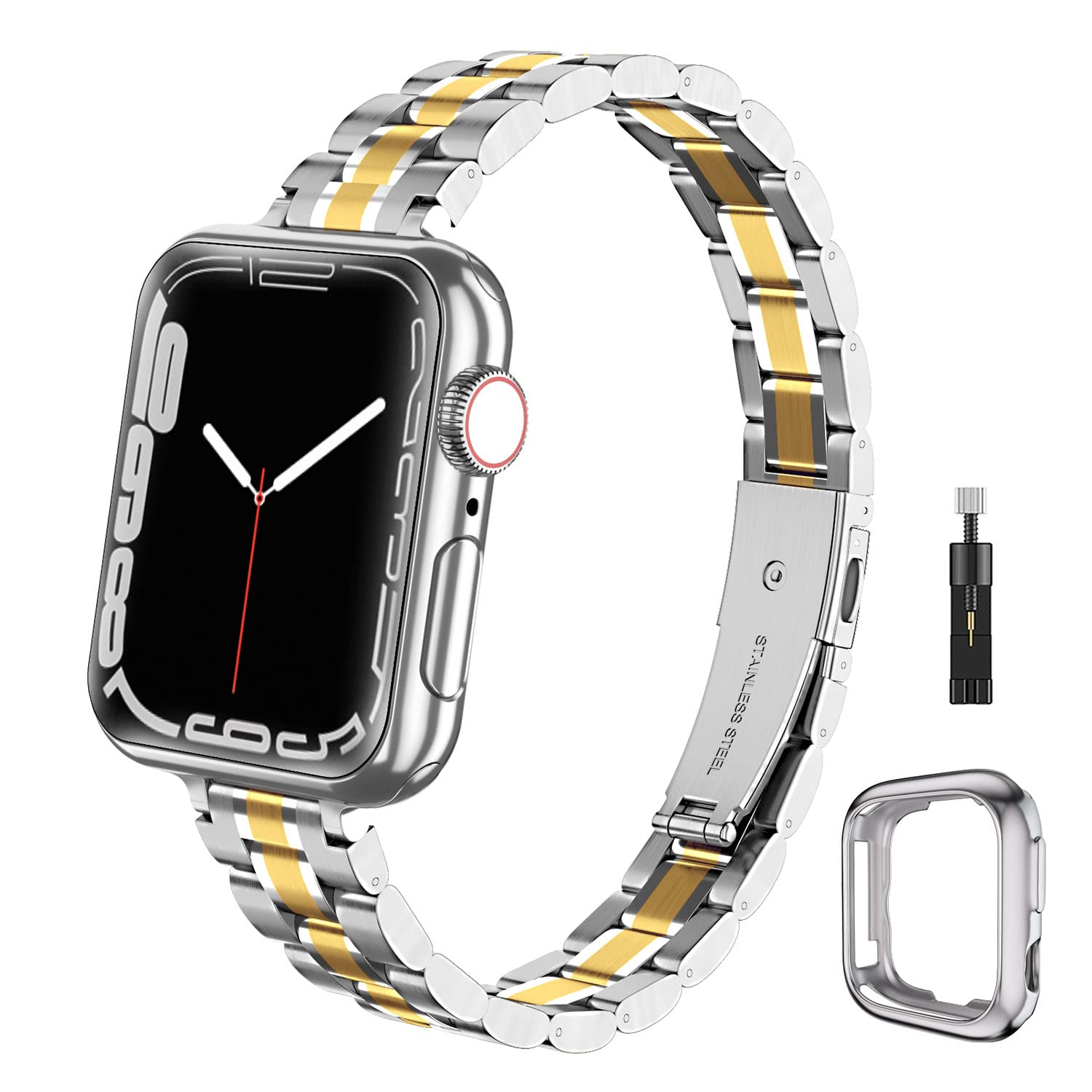chuangshiji Metal Strap Compatible with Apple Watch Strap Series 9 8 7 6 5 4 3 2 1 SE, Adjustable Replacement for iWatch Strap 45mm 44mm 42mm Stainless Steel Band for Apple Watch Women Men Silver/Gold