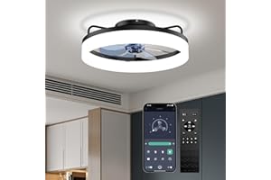 CKCOEO Low Profile Ceiling Fan with lights and Remote, Modern Fandelier Ceiling Fan Flush Mount 3000K-6500K, 20" Smart Bladeless for Bedroom, Kids Room and Living Room, Black