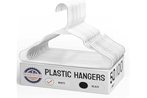 Pretigo Made in USA White Plastic Hangers 50 Pack - Clothes Hangers with Shoulder Grooves, Space Saving & Heavy Duty Coat Hanger Premium Closet Organizers as Coats, Dress and Pants