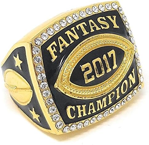 Decade Awards 2017 Fantasy Football Champion Ring with Rhinestone Border | Heavy FFL League Champ Ring with Stand (GOLD 12)