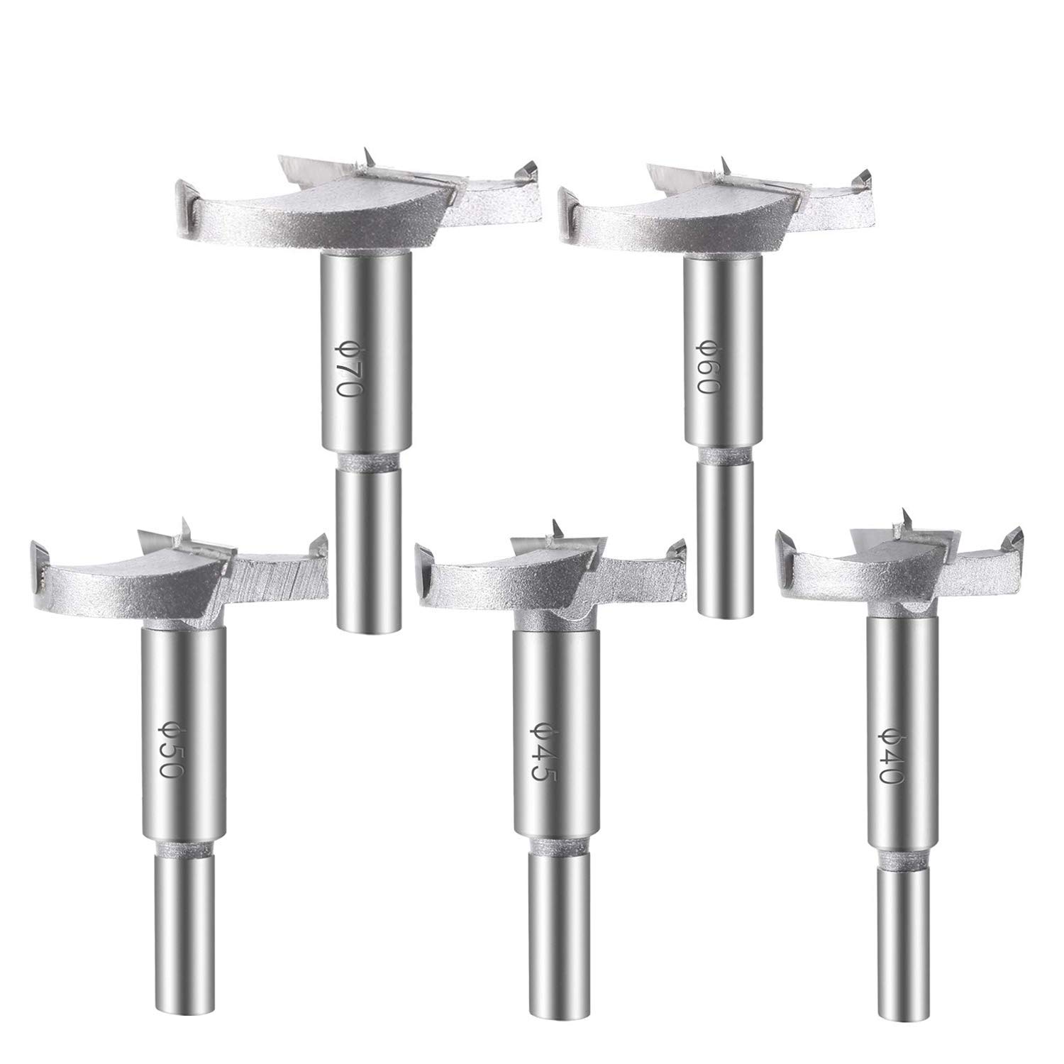 ASNOMY 5PCS Large Size Forstner Drill Bit Boring Hole Saw Set, 40/45/50/60/70mm Tungsten Steel Hinge Cutter Tool Kits for Wood Plastic Plywood