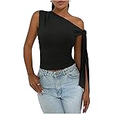 WDIRARA Women's One Shoulder Tank Top Knot Side Sleeveless Asymmetrical Tops