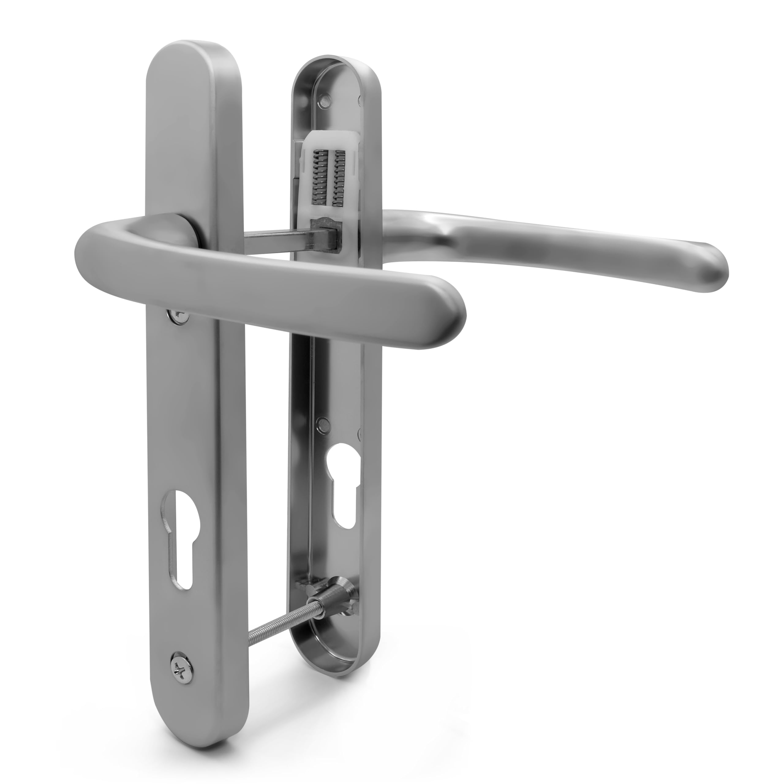 TSS Silver UPVC Door Handle Pair Set, Sprung, 92mm PZ, Lever Lever, 122mm Screw to Screw, Backplate 245mm x 34mm - Replacement PVC Door Handle