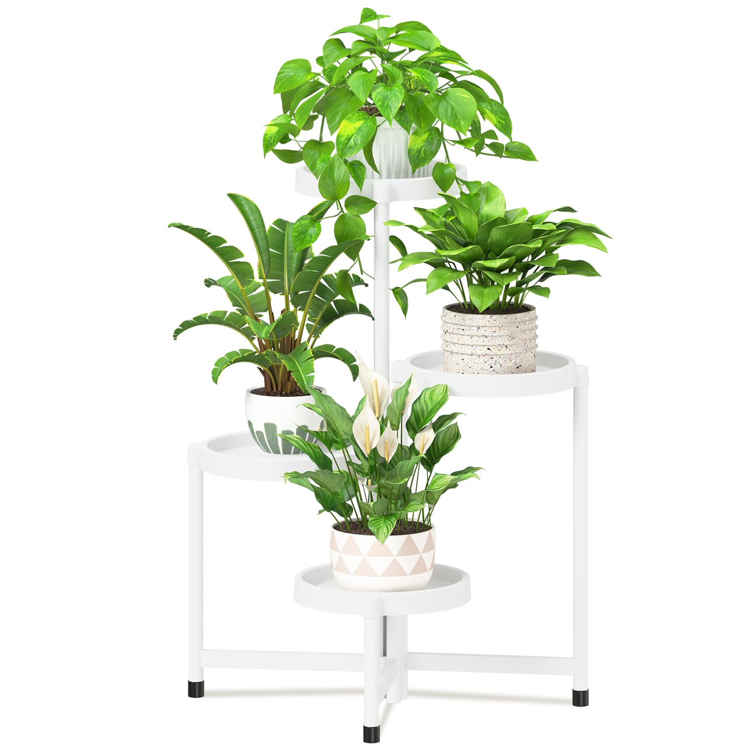 Photo 1 of iDavosic.ly 4 Tier Folding Plant Stand Indoor Outdoor with Plastic Tray, Tiered Corner Flower Holder Shelf, Metal Orchid Display Rack for Patio Porch Living Room Garden Balcony, White