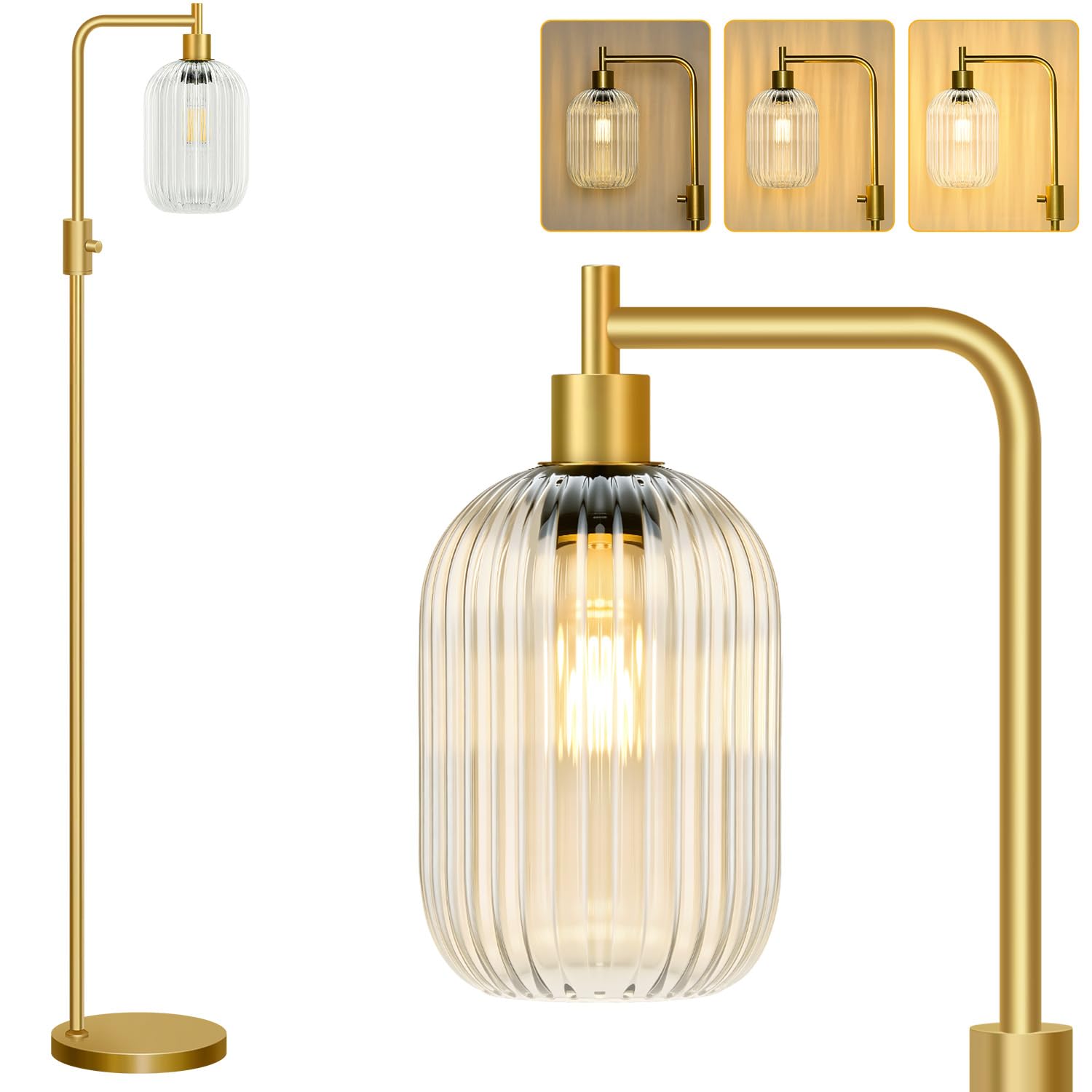 Photo 1 of ?Upgraded? Dimmable Glass Floor Lamp for Living Room, Modern Gold Standing Lamp with Clear Ribbed Glass Lampshade & Knob Dimmer, Arc Tall Lamp for Bedroom Office Reading Room, 2700K Led Bulb Included