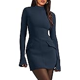 OFEEFAN Women's Fall Long Sleeve Mock Neck Dress Basic Party Club Bodycon Mini Dresses