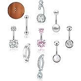 JOYTOYOU 9PCS 14G 1.6MM Belly Button Ring Stainless Steel Clicker Belly Ring CZ Opal Pearl Belly Piercing Navel Piercings Pack for Women