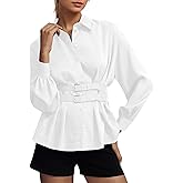 MISSACTIVER Women Button Down Pleated Blouse Shirts Stand Collar Long Sleeve Buckle Peplum Tunic Tops
