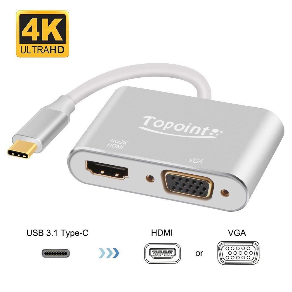 USB C to HDMI VGA Adapter, Topoint 2 in 1 USB 3.1 Type C to VGA HDMI 4K UHD Converter Adaptor Dual screen display with Aluminium Case for 2017/2016 MacBook Pro/Chromebook Pixel/Samsung Galaxy S8 S8+