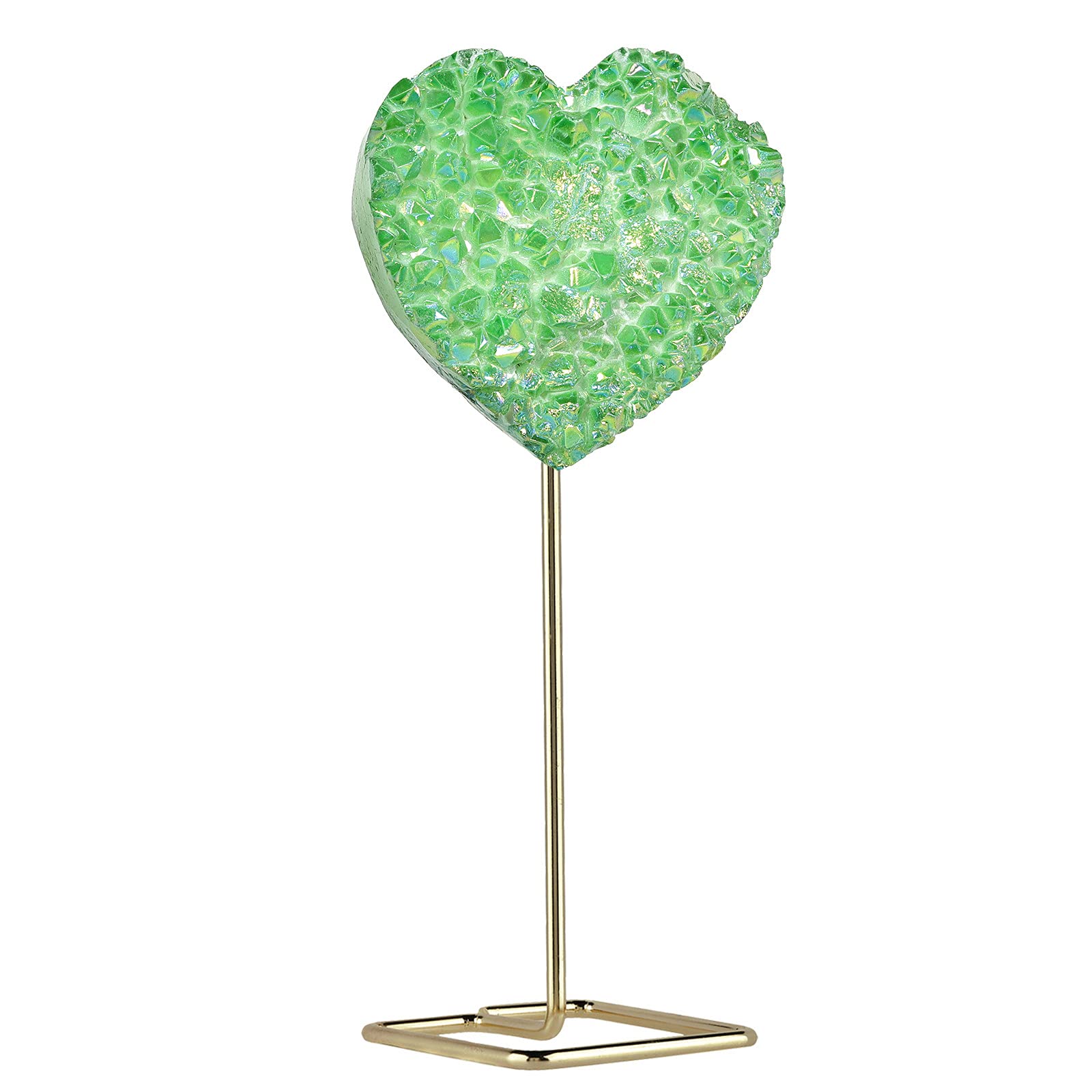 Nupuyai Love Heart Crystal Cluster Stone with Stainless Stand, Green Titanium Coated Rock Quartz Geode Specimen for Reiki Healing Home Decor