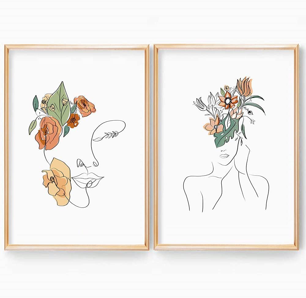 Anlla Room Decor Wall Art Canvas Prints Personalised Woman Line Art Print Flowers Posters Line Drawing Prints Boho Decor Minimalist Line Wall Art Prints Decor Living Room Unframe 30x40cmx2pcs