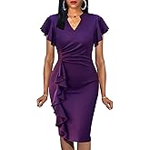 Mokayee Womens Summer Ruffle Sleeve V Neck Business Casual Professional Office Church Cocktail Work Pencil Dresses