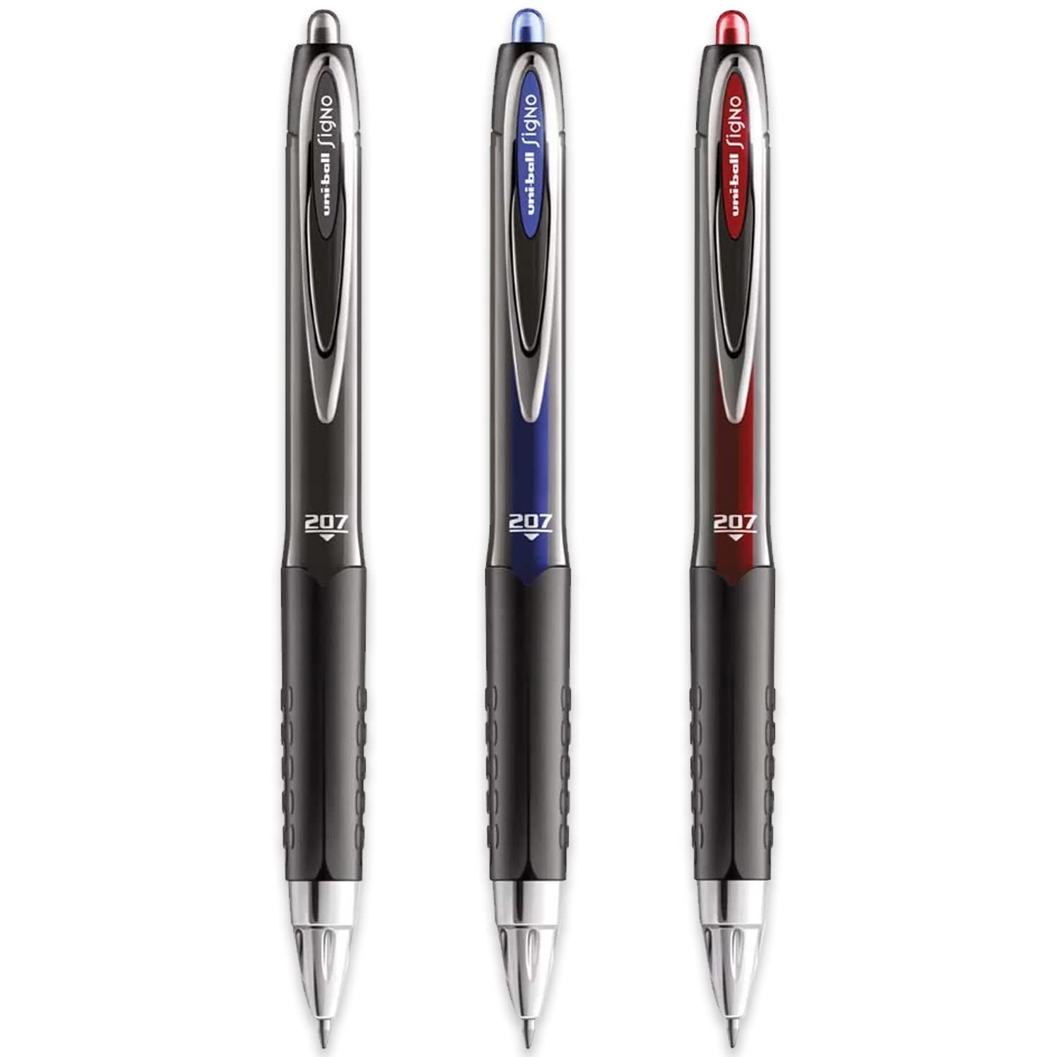 uni-ball Signo UMN-207 Gel Retractable Rollerball Pen - Pack of 3 - Black, Blue & Red Ink