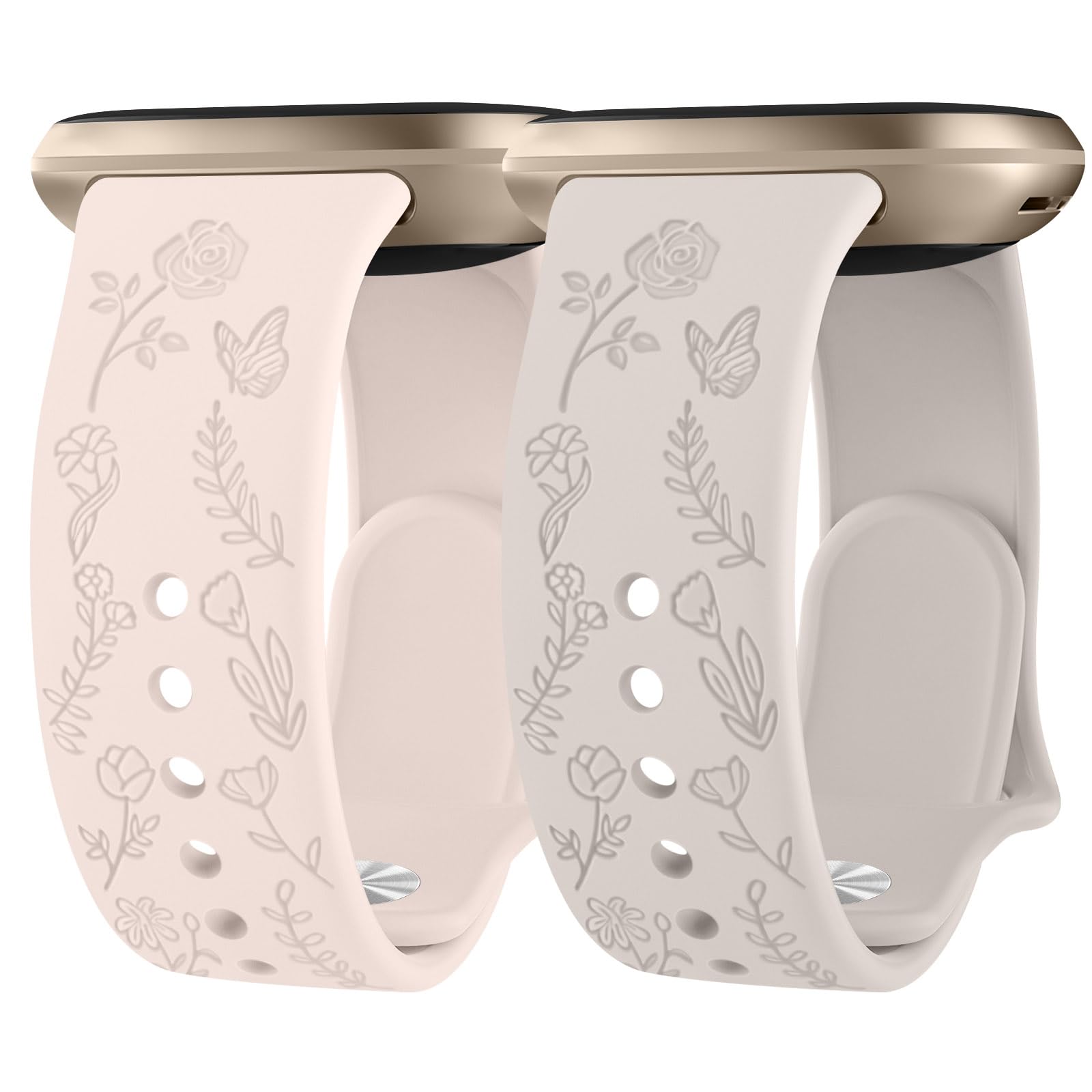 Pack 2 Rose Butterfly Engraved Compatible with Fitbit Sense 2/Fitbit Sense Straps, fitbit Versa 4/fitbit Versa 3 straps for Women,Soft Floral Replacement strap for Fit bit Versa 4/3/Sense 2(Pack C) — image 1