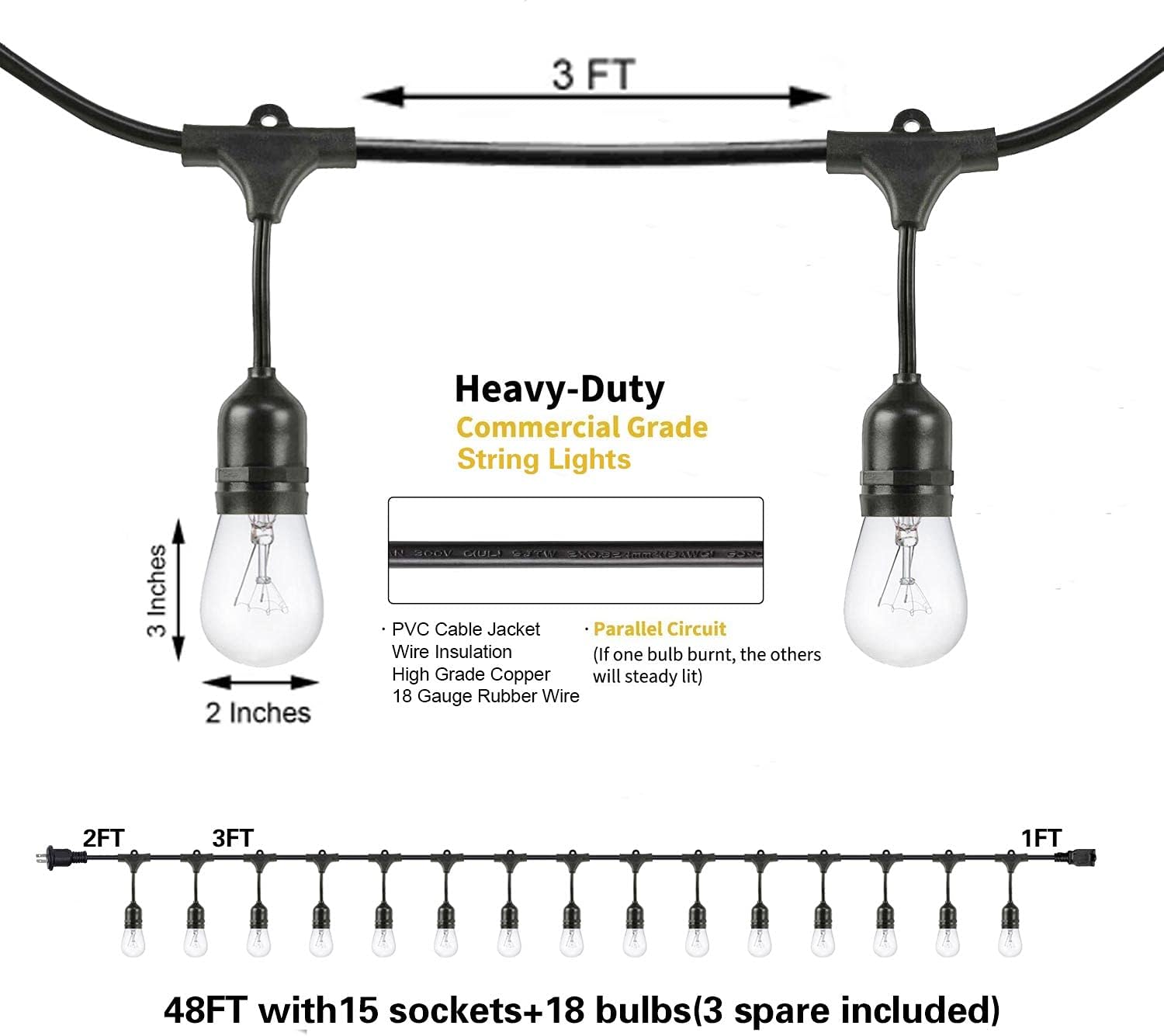SUNTHIN 48FT Outdoor String Lights with 11W Dimmable Edison Bulbs for Decorative Backyard, Patio, Bistro, Pergola Commercial Hanging Lights String: Home Improvement