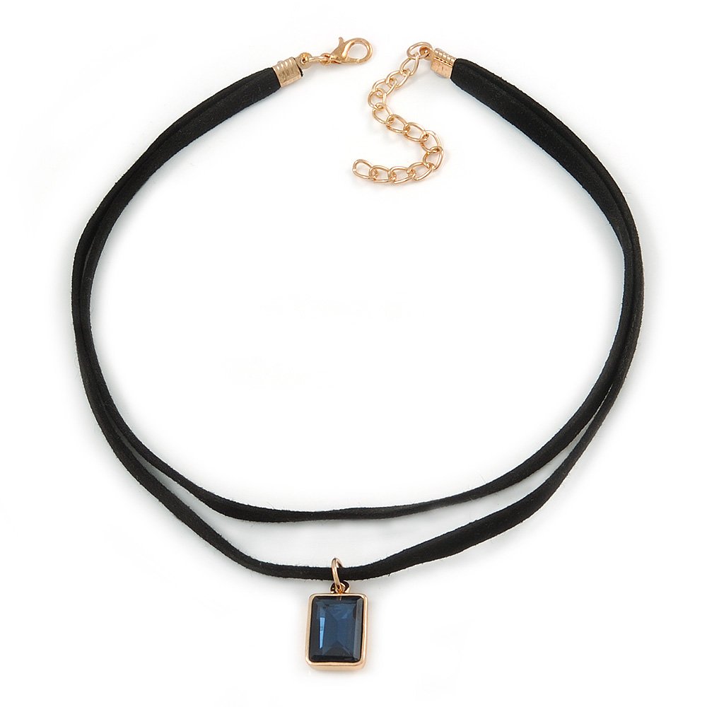 Avalaya Black Double Black Faux Suede Cord Choker Necklace with Midnight Blue Square Glass Bead Pendant - 33cm L/ 5cm Ext