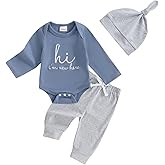 Gobuuly Newborn Baby Boy Clothes Hi I'm New Here Coming Home Outfit Letter Print Romper Pant Fall Winter Baby Boy's Clothing