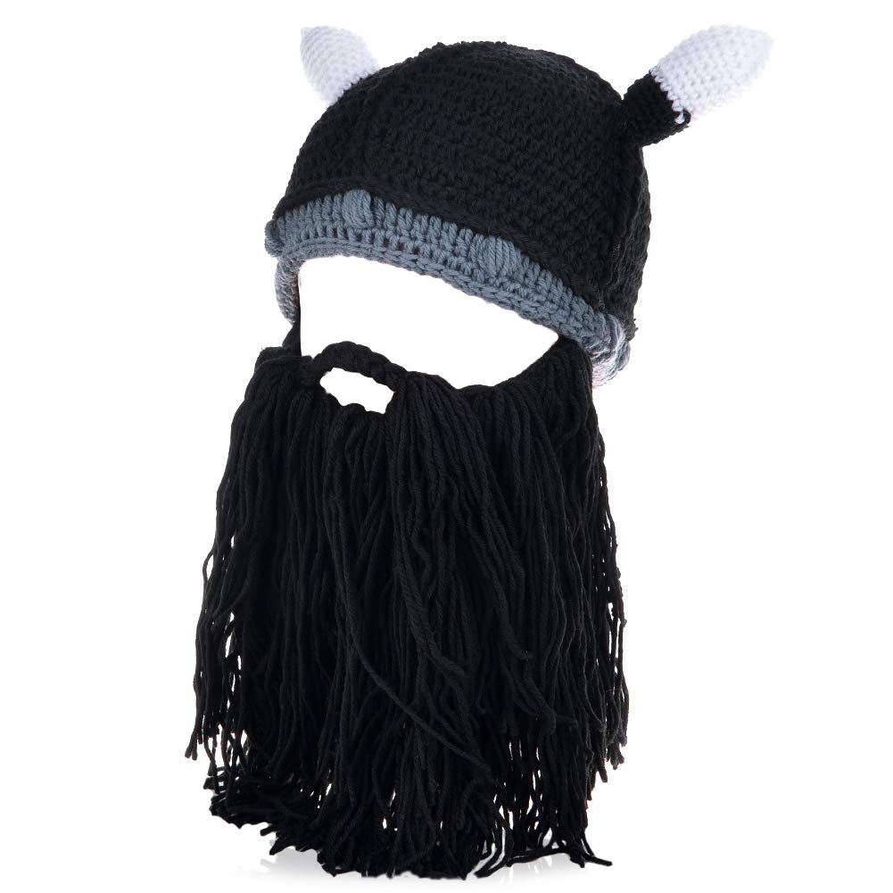 Vbiger Windproof Warm Knitted Beanie Hat Cap, Ox Horn and Beard, Black 3, OSFA