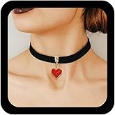 Xduargs Gothic Black Velvet Choker Necklace Red Resin Heart Necklaces Vintage Heart Pendant Necklace Adjustable Chunky Satin Ribbon Collar Necklaces Jewelry for Women