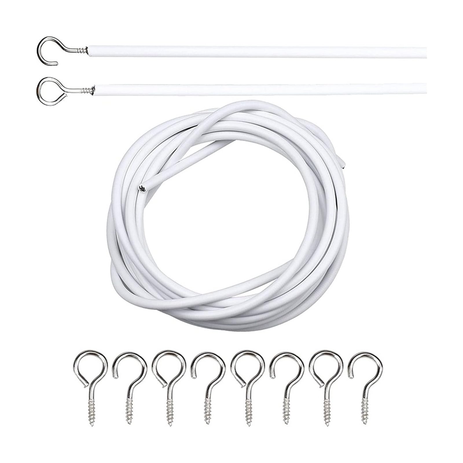 Net Curtain Wire with Hooks and Eye, 2 Meter Plastic Coated Curtain Wire with 4 Hooks and 4 Eyes