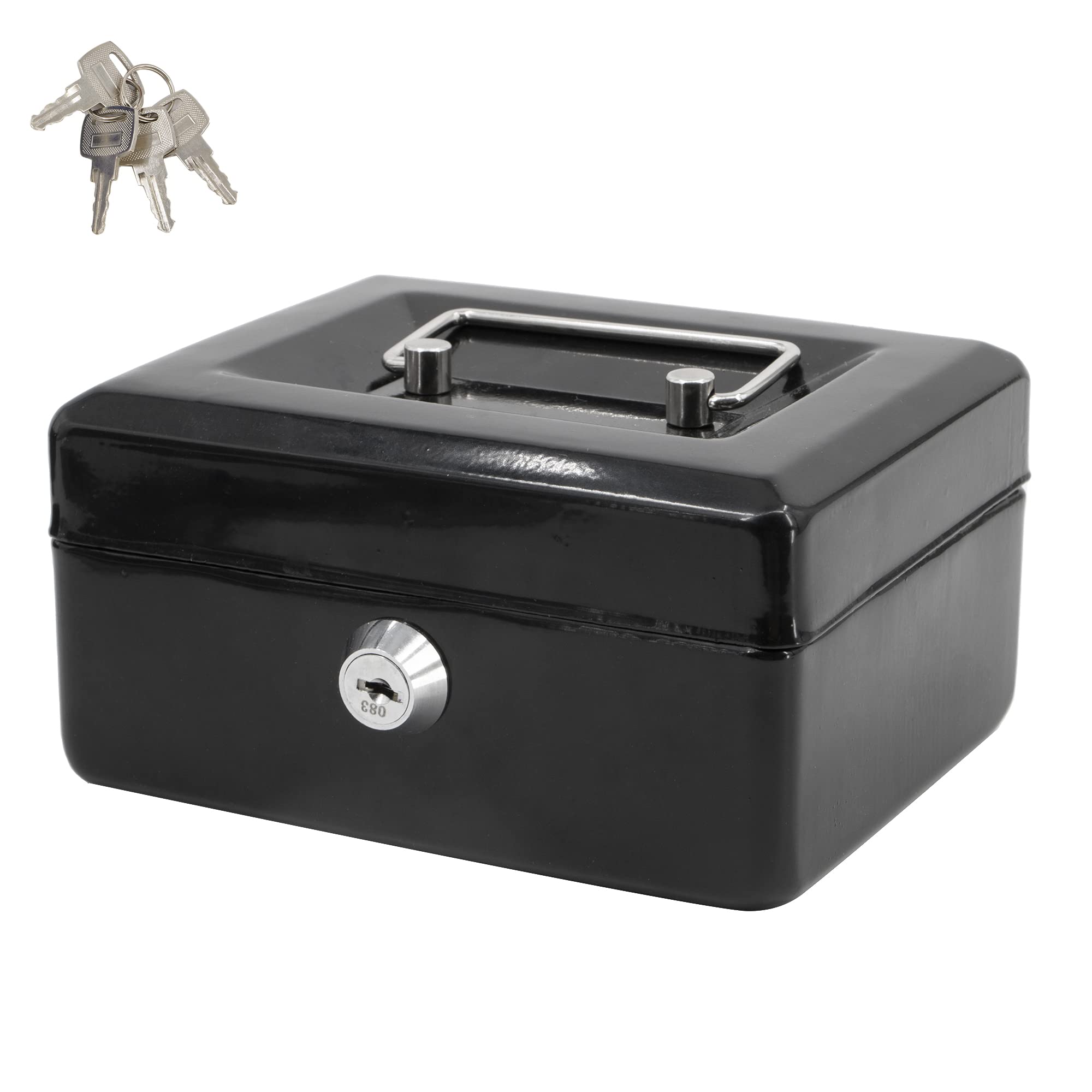 Time to Sparkle 6 inch Small Lock Box Money Safe with Tray for Cash Metal Saving Box Lock and Key with Stainless Steel Handle 15 * 12 * 8cm Gloss Black