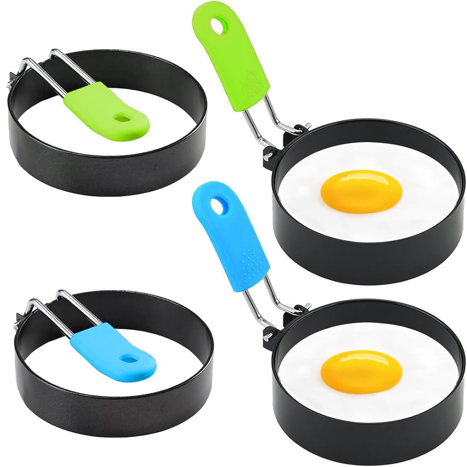 Egg Ring 4-Pcs Stainless Steel Egg Rings with Non Stick Coating Suitable, Anti-Scald Folding Handle for Egg Frying, Shaping, Pancakes, Mini Burger