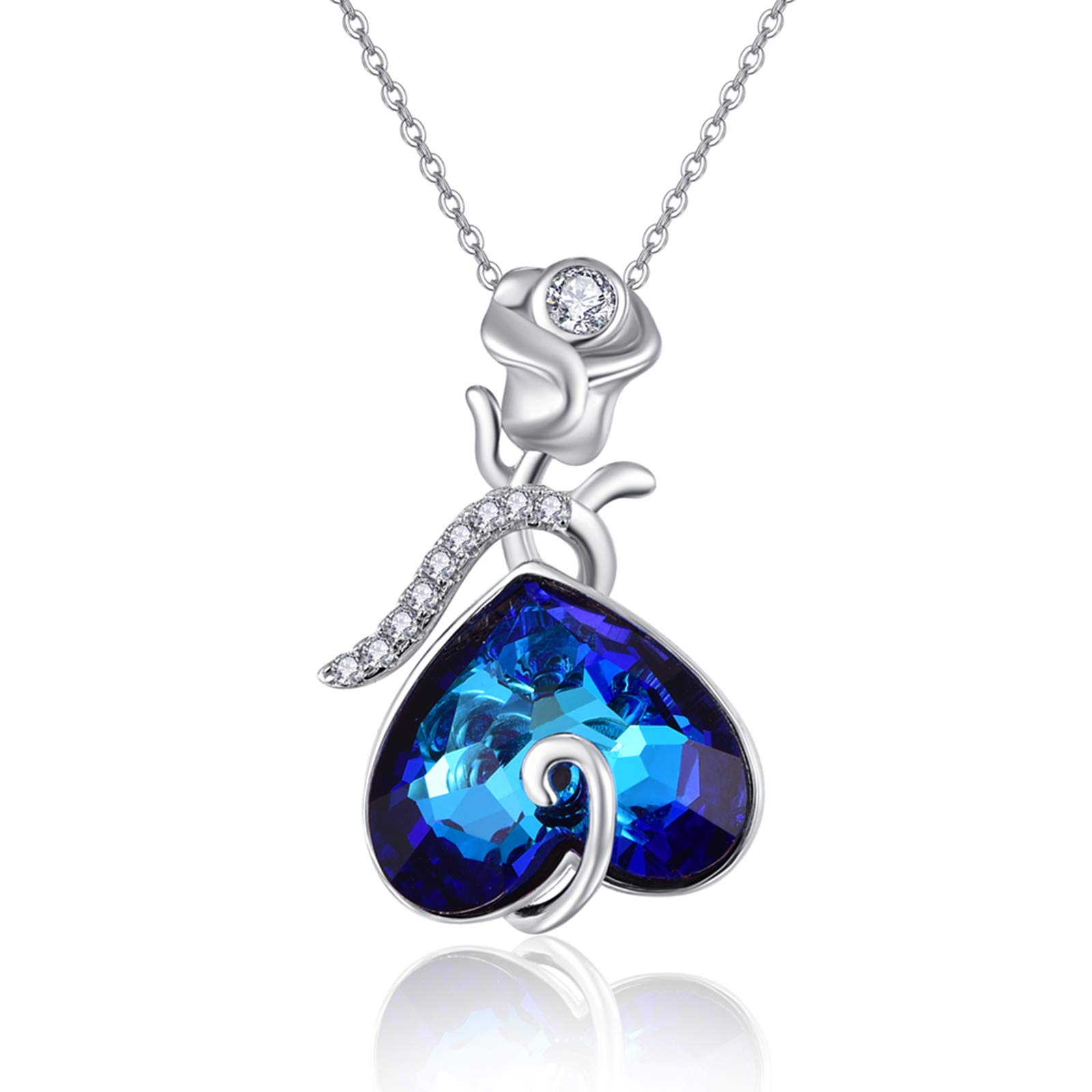 praymos Blue Crystal Pendant Heart Necklace for Women Anniversary Jewelry for Her