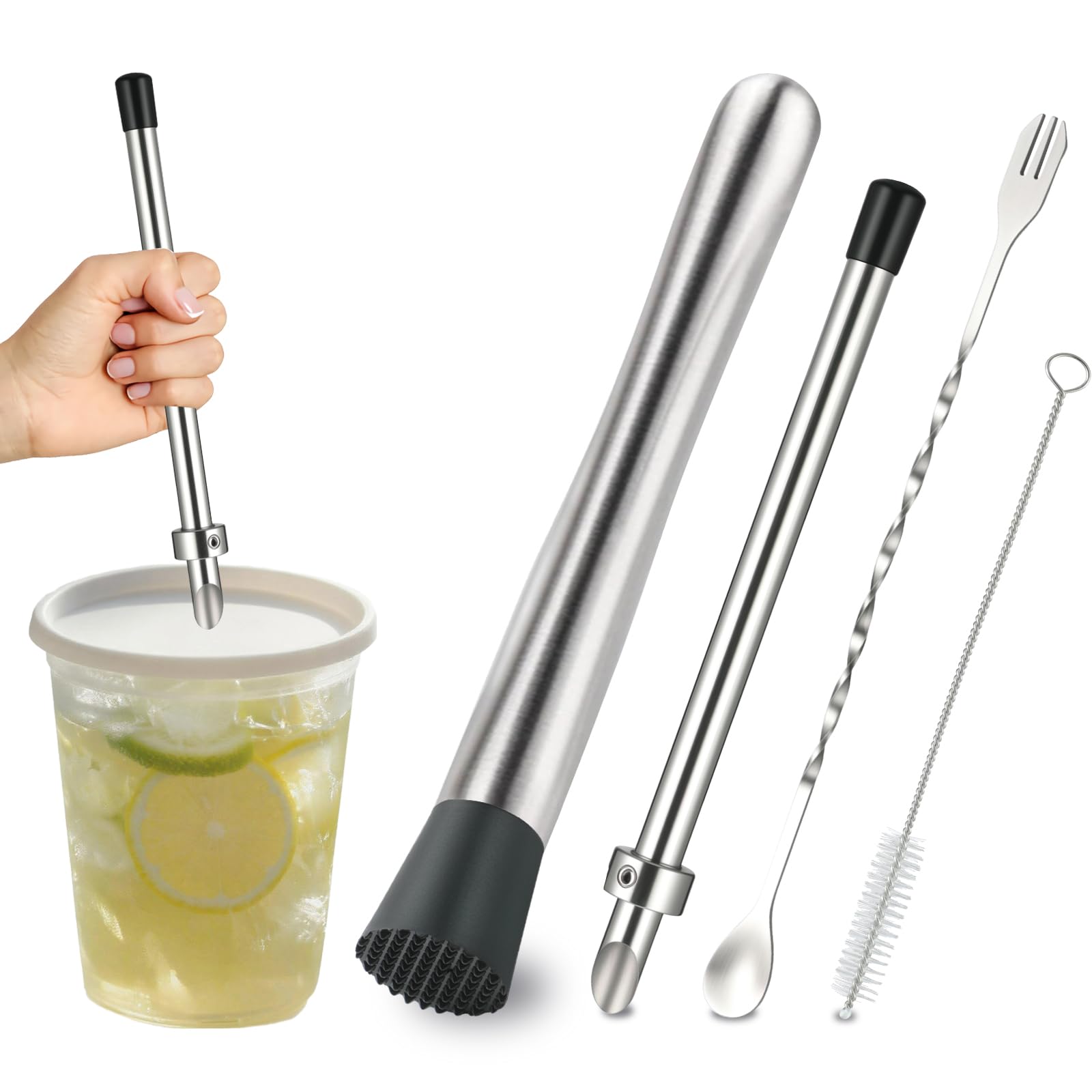 Photo 1 of **MISSING HOLE PUNCHER** 4Pcs Straw Puncher and Muddler Spoon Set 304 Stainless Steel Straw Hole Puncher for Plastic Lids Lemonade Cups Tools for Lemonade Stands Supplies