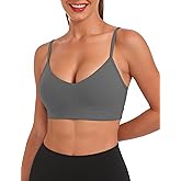Buauty V Neck Sports Bra for Women, Padded Push up Women's Sport Bras Adjustable Thin Straps, Light Support Yoga Camisole Basic Top, Low Impact Spaghetti Strap Sport Racerback Bras Grey XL