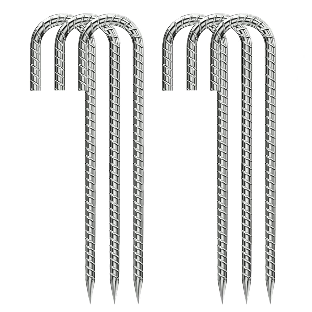 Photo 1 of Ground-Stakes-Heavy-Duty-12 inch, J-Hook Rebar Stakes Galvanized Anti-Rust 6pcs Garden Stakes Metal Ground Anchors for Garden Dog Fence Chicken Coop Christmas Decorations Deer Fence