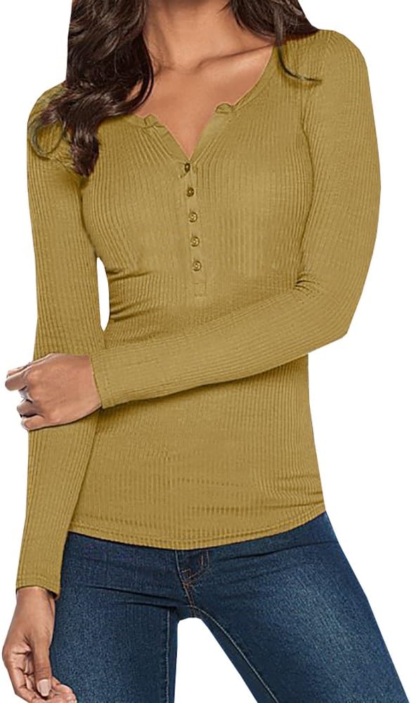 Ybenlow Women's Long Sleeve Button Up Stretchy Ribbed Henley Tee Shirt Top