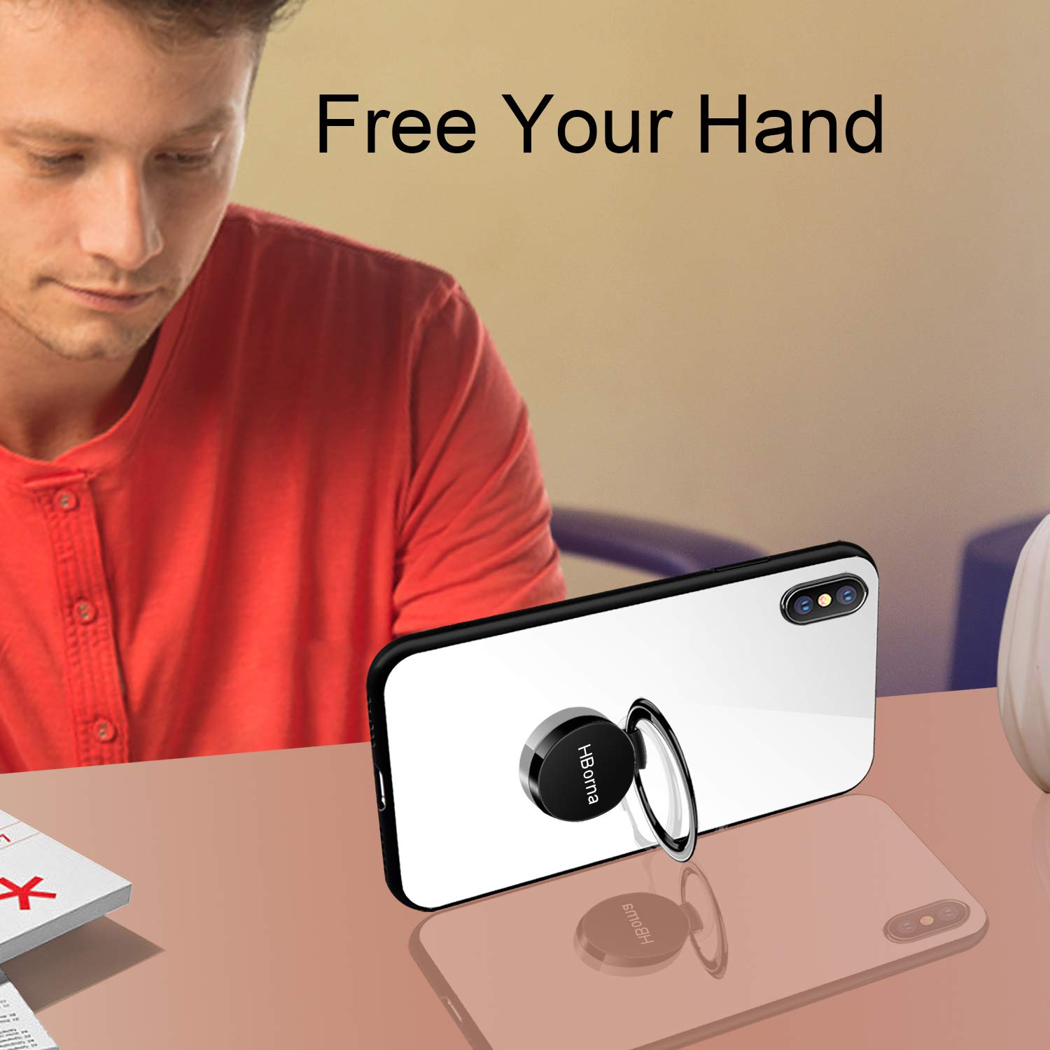 Cover iPhone X, Caso iPhone X con cover posteriore in vetro temperato Protezione Anti-Graffio con supporto per anello, Custodia protettiva per smartphone con telaio antiurto in TPU per Apple iPhone 10 (Bianco)