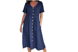 SHOPESSA Linen Dresses for Women 2024 Casual V Neck Button Up Midi Dress with Pockets Short Sleeve Flowy Summer Dress