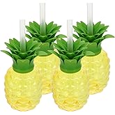 Kisangel Pineapple Cups with Lids and Straws - 17.5 Inch Tropical Drinking Cups for Hawaiian Luau Beach Parties Bbqs and Summer Events Easy to Clean Reusable Plastic Party Drinkware