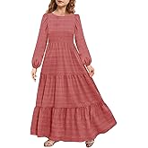 MITILLY Girls Maxi Dress Puff Long Sleeve Crew Neck A-Line Ruffle Tiered Casual Party Dresses with Pockets