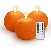 Yongmao Flameless Candles with Remote, Orange Round Candles Ball LED Battery Operated Real Wax Candles Warm Light 3D Wick Flickering for Home Party Wedding Decor (Set of 3)