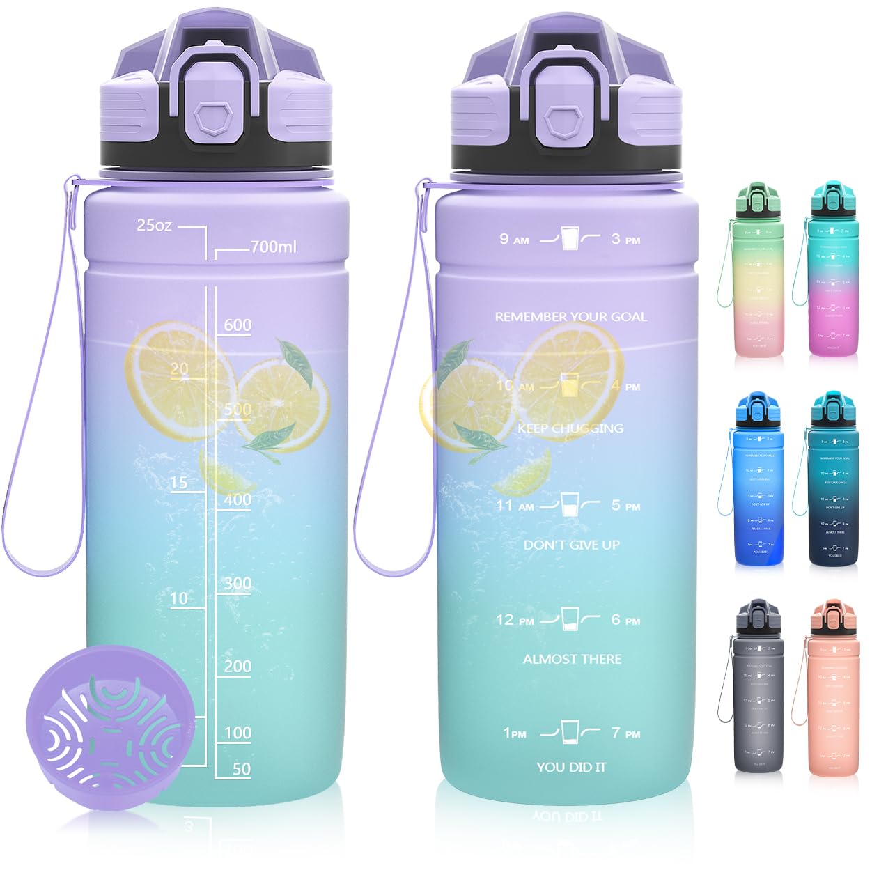 Dosurer Sports Water Bottle - 1L, 700ml & 500ml Kids Leak Proof, Motivational Time Markings & Filter, BPA Free Tritan Bottle for School, Sport, Work & Fitness