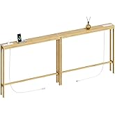 ELYKEN 2 Pack 5.9" Narrow Console Sofa Table with Power Outlets, 5.9" Dx39.4 Wx31.1 H Bamboo Behind Couch Table with Charge Station, Natrual