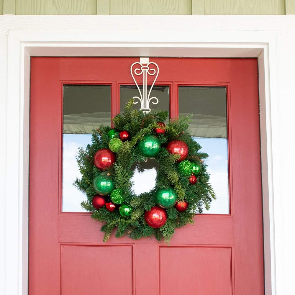 [Front Door Wreath Hanger] - Elegant Design | Adjustable Hook Length for Tall and Small Doors | Padding to Prevent Damage Like Scratch and Dents | Heavy Duty Cast Iron Metal Hangar - (White): Kitchen & Dining
