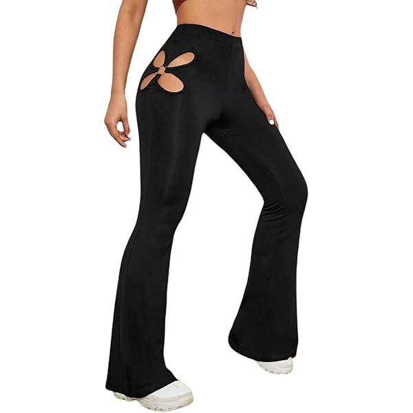 Women's Cutout Skinny Flared Pants Mid Waist Cut Out Laddering