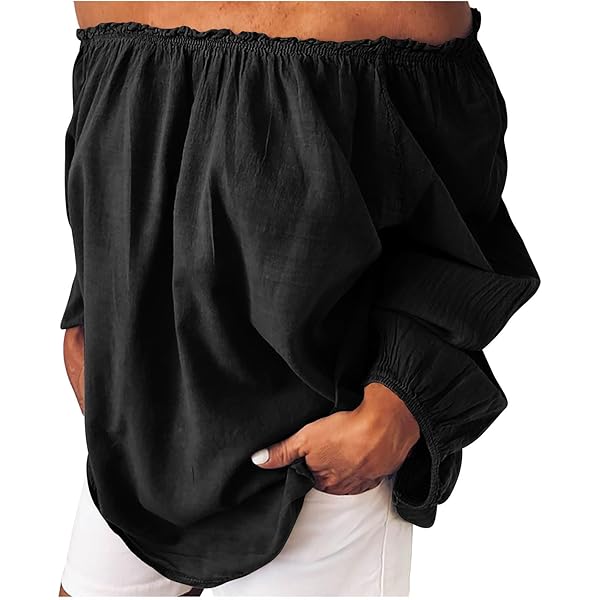 Amazon.com: Women's Off The Shoulder Tops Shirred Neck Long Sleeve
