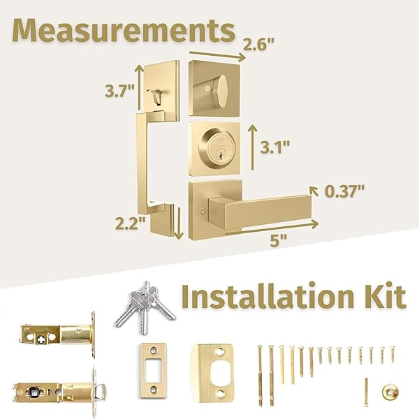 MEGA HANDLES – TOBELLE ENTRY DOOR HANDLESET IN SATIN BRASS FINISH – SINGLE CYLINDER HANDLESET WITH LEVER FOR ENTRANCE AND FRONT DOORS – MODERN DOOR HANDLES FOR LEFT AND RIGHT-HANDED DOORS
