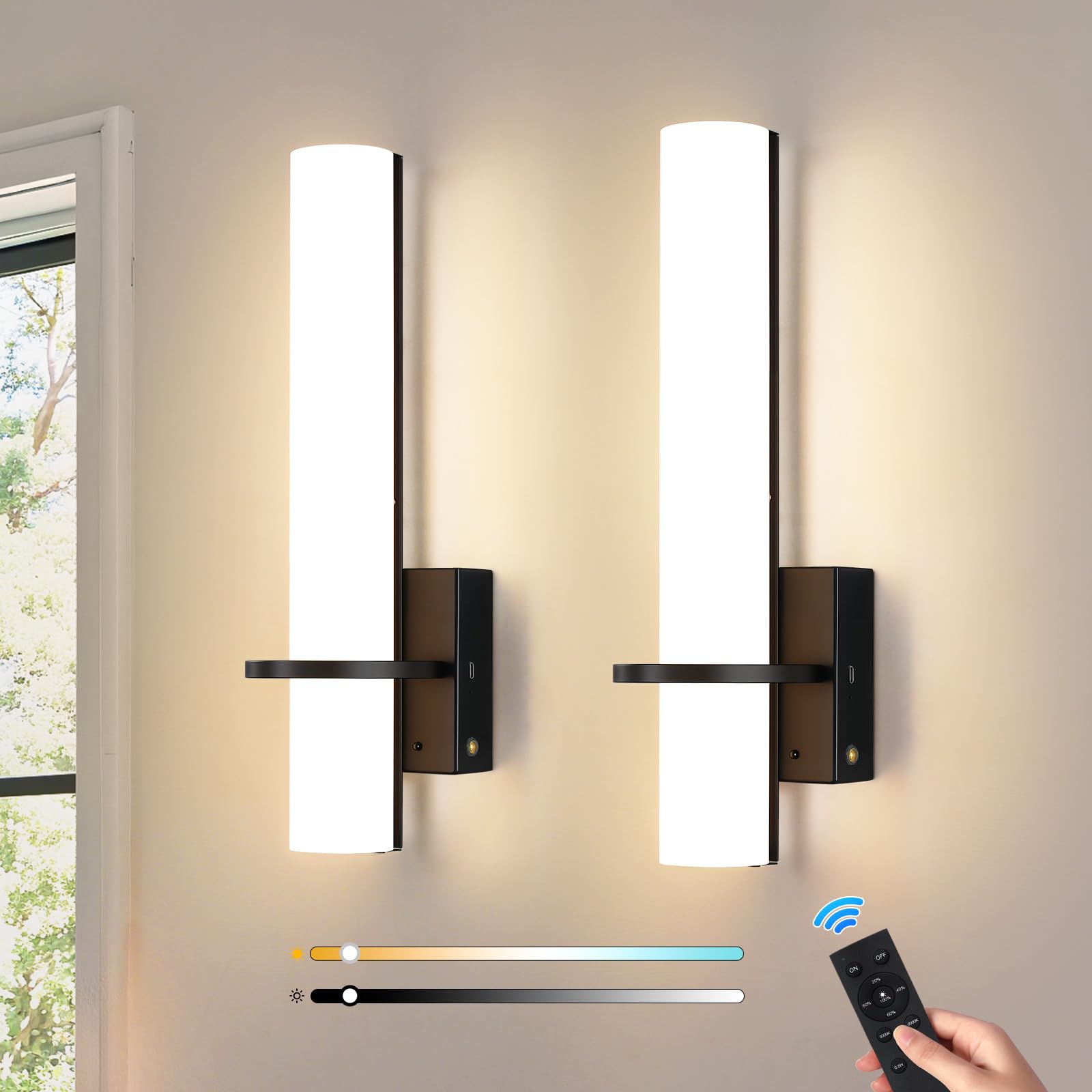 Photo 1 of AIJIASI Black Battery Operated Wall Sconces Set of 2, 10000mAh Rechargeable Wireless Wall Sconce with Remote Control, 3000K-6000K Dimmable LED Wall Lights for Living Room Bedroom Hallway 15 Inch