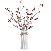 Riceshoot 6 Pcs 35.4 Inches Fall Red Artificial Leaves Branches Green Fake Plants with Stems Faux Leaf Shrub Bushes for Spring Home Indoor Centerpiece Vase Filler